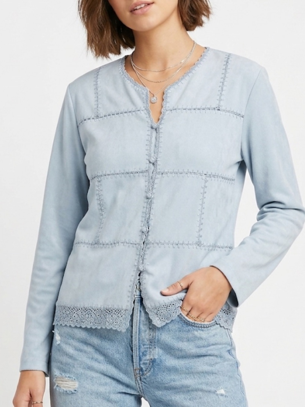 VTG Teddi Cottagecore Woven Trim Light Blue Women's Jacket Size Large